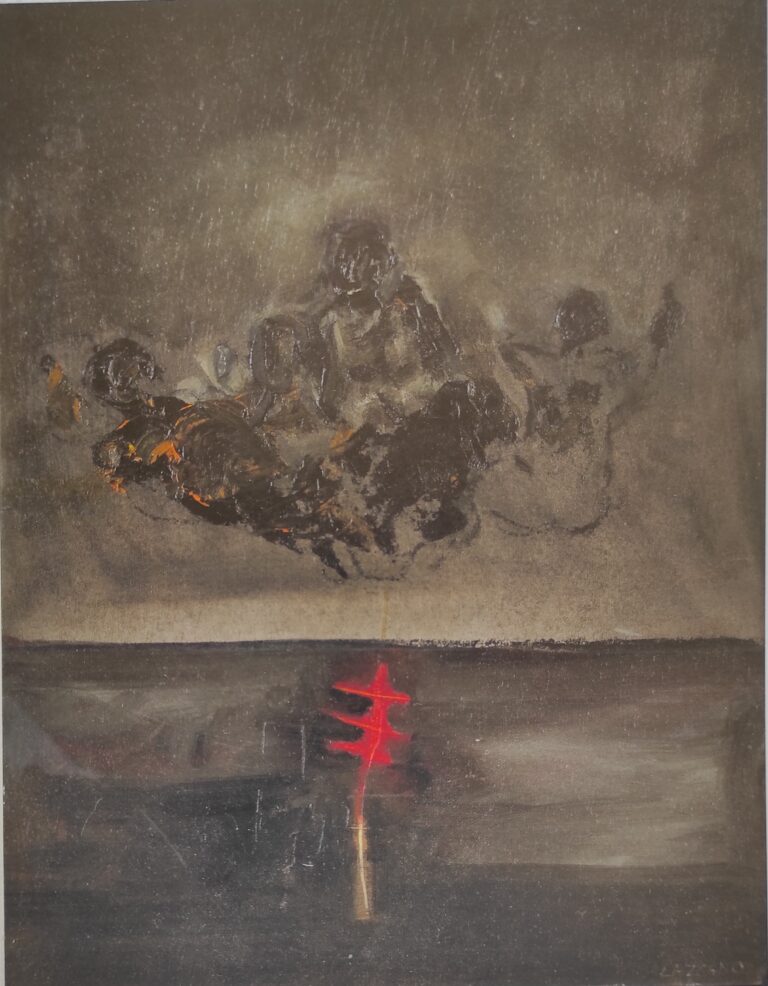 parcas con rojo (2008). Óleo sobre tabla, 45,5x34 cm